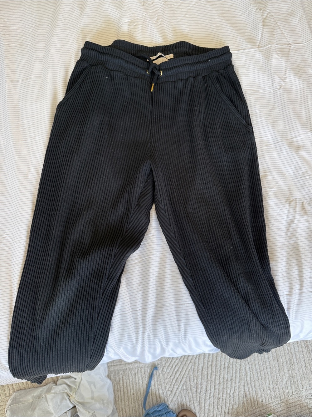 Women's Black Ribbed Jogger Pants with Drawstring Waist